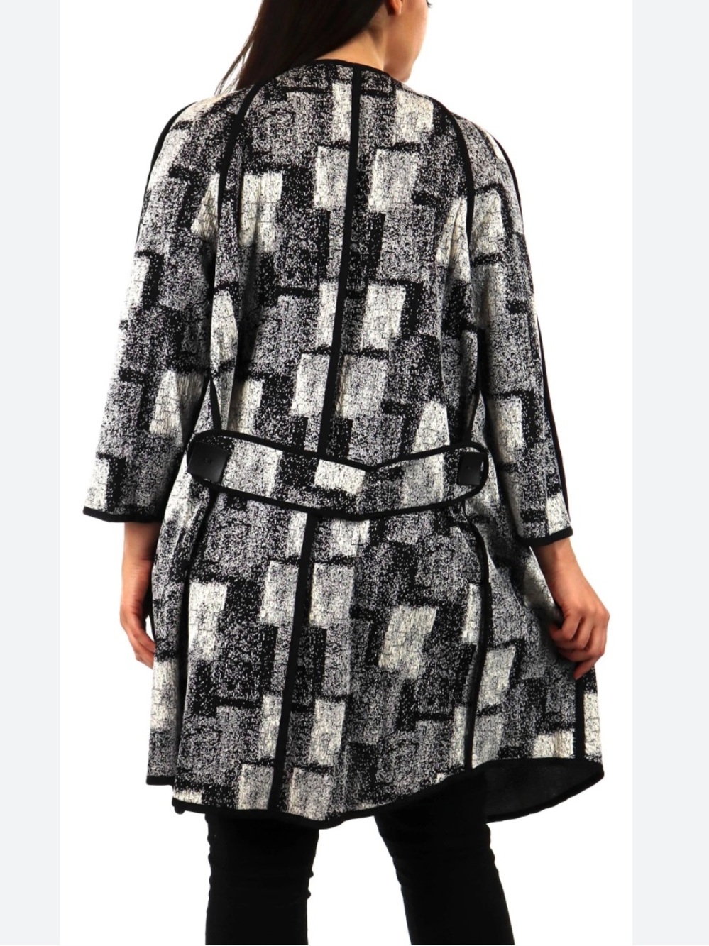 Come N See Lagenlook Longline Tunic Open Jacket Black White Geometric Artsy-M